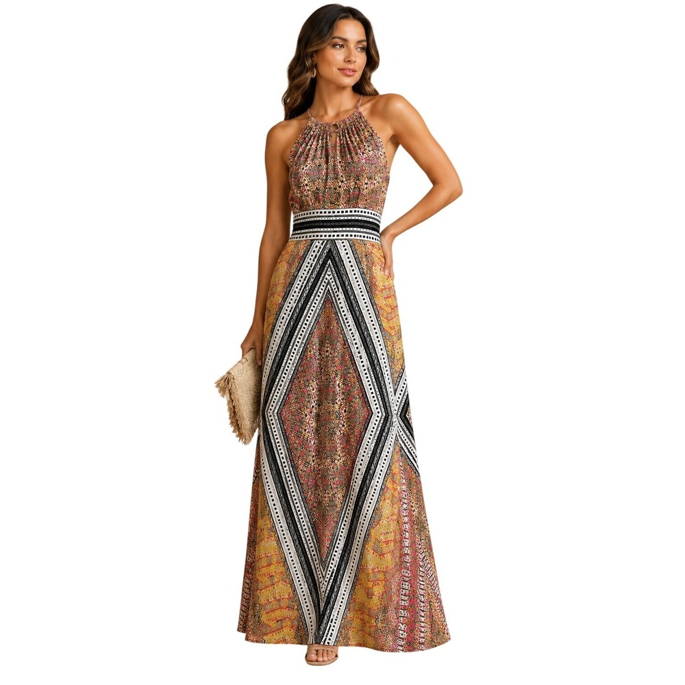 Colorful Tribal Halter Maxi Dress Women Size Small Multi-Color Boho